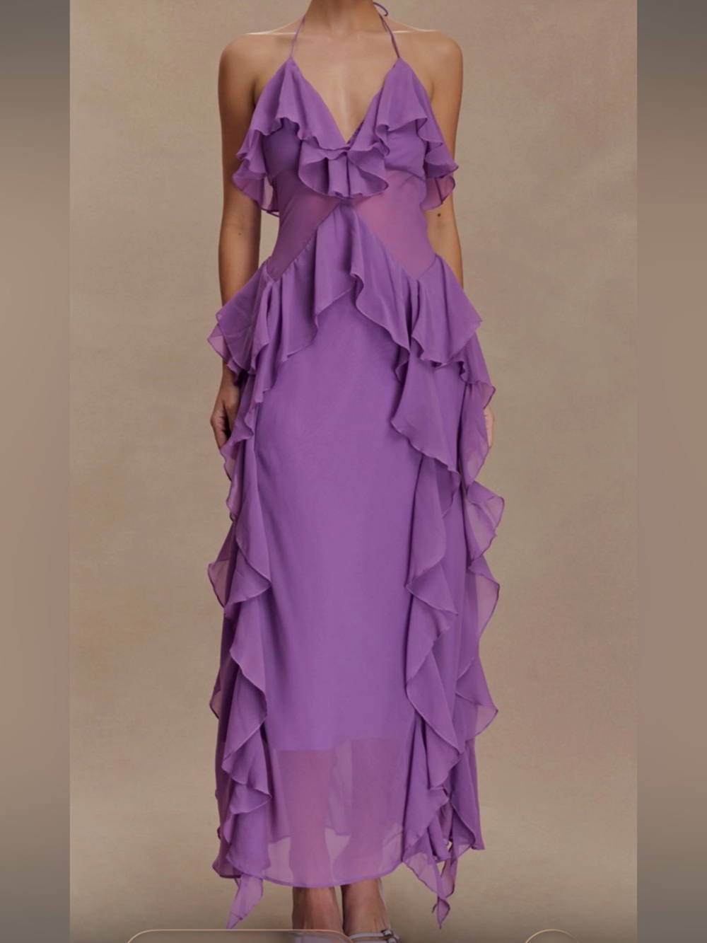 Meshki Aleyna Lavender Halter Ruffle Maxi Dress